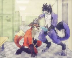 2boys animal_genitalia animal_penis blush canine canine_penis collar cum cum_drip cum_in_mouth cum_inside cum_on_face cum_on_glasses dripping ears_back eyewear fox fur gay glasses hair hair_grab hindpaw hybrid kneeling knot locker_room looking_pleasured male male_only mammal masturbation moan open_mouth orange_fur paws penis pull_out purple_fur sky3 staning tongue tongue_out white_fur yaoi