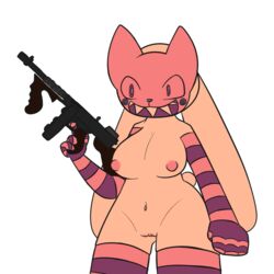 1girls breasts clothing feline female fur gloves gun lagomorph legwear mammal mask orange_fur piebunny pussy rabbit ranged_weapon stockings weapon