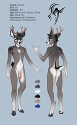 antlers balls bare_back black_nose blue_eyes cervine deer demicoeur eyelashes fur grey_fur hooves horn male mammal model_sheet navel nude penis simple_background solo standing