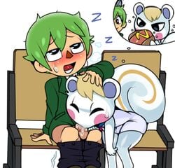 animal_crossing anthro balls blonde_hair blush captain_kirb chair clothed clothing cum cum_in_mouth cum_inside duo eating fellatio food fur green_hair hair hot_dog human human_on_anthro interspecies male mammal marshal_(animal_crossing) nintendo oral pants_down partially_clothed penis rodent sex simple_background sleep_sex sleeping squirrel sweat thought_bubble tricked tricked_into_blowjob unaware_fellatio video_games villager_(animal_crossing) white_background white_fur yaoi