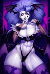 ai_generated claws cleavage corruption dark_persona darkstalkers elbow_gloves enemy_conversion female huge_ass huge_breasts lips midriff morrigan_aensland navel pale-skinned_female pale_skin rock_of_succubus smile sports_shorts succubus succubus_tattoo tagme thedivergence1997 thick_thighs thong wide_hips