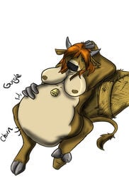 anthro bell belly_expansion bovine breasts brown_hair cattle eleanor female hair hooves inflation mammal nipples nude post_vore solo vashy_wings vore