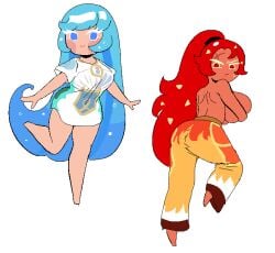 big_breasts blue_hair blush bottomless chili_pepper_cookie cookie_run cookie_run_tower_of_adventure cream_soda_cookie dracoarcto happy huge_breasts large_breasts red_hair topless