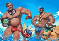 archie_(pokemon) balls bara beard bulge carvanha chairman_rose facial_hair flaccid gumball_xie headkerchief male male_only muscles muscular nintendo penis pokemon team_aqua water