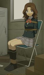 absurdres ankle_socks arms_behind_back blue_eyes bondage bound bound_legs brown_hair detective_conan female gag highres improvised_gag medium_hair on_chair pleated_skirt restrained shibari_over_clothes sitting skirt socks tape tape_gag wo_cao_xiao