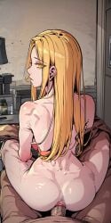 1boy 1girls ai_generated anal anal_sex ass back blonde_hair ceremon_vaughan female hero_killer male male_penetrating_female penetration pov reverse_cowgirl_position sex victoria_(hero_killer) webtoon yellow_eyes