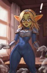 1girls 1goblin ass_visible_through_thighs big_ears blonde_hair blue_eyes bodysuit camel_toe cameltoe glasses goblin gobtober gobtober_2024 league_of_legends luxanna_crownguard personalami riot_games shortstack species_transformation surprise surprise_transformation surprised surprised_expression thick_thighs thighs transformation