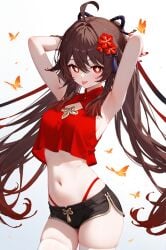 :p absurd_res ahoge ai_generated alternate_costume armpits arms_behind_head arms_up bangs bare_arms bare_shoulders black_shorts blush breasts cowboy_shot crop_top crop_top_overhang female flower-shaped_pupils genshin_impact hu_tao_(genshin_impact) looking_at_viewer midriff ministro nail_polish navel red_shirt shirt short_shorts shorts sidelocks sleeveles sleeveless_shirt solo standing star-shaped_pupils stomach symbol-shaped_pupils thighhighs thighs tongue tongue_out white_thighhighs