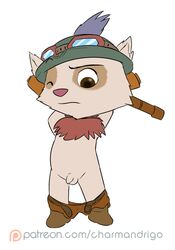 anthro brown_eyes brown_fur chest_tuft flaccid fur furry hat league_of_legends male male_only one_eye_closed oob pants_down penis riot_games stretching teemo testicles tuft uncut yordle