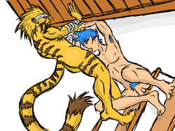 bioxz23 breath_of_fire erection feline human male male_only mammal muscular oral penis pubic_hair rei_(breath_of_fire) ryu_(breath_of_fire) tiger video_games yaoi