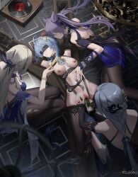 4girls absurdres ahoge alcohol backless_outfit black_dress black_pantyhose black_ribbon black_thighhighs blindfold blonde_hair blue_dress blue_hair bondage censored champagne champagne_flute closed_eyes cup detached_sleeves dress drinking_glass elbow_gloves from_above ganyu_(genshin_impact) ganyu_(twilight_blossom)_(genshin_impact) genshin_impact gloves highres horns keqing_(genshin_impact) keqing_(opulent_splendor)_(genshin_impact) long_hair mosaic_censoring multiple_girls nail_polish navel_piercing ningguang_(genshin_impact) ningguang_(orchid's_evening_gown)_(genshin_impact) nipple_piercing nipples object_insertion pantyhose phonograph piercing purple_dress purple_hair record ribbon roundschen shenhe_(frostflower_dew)_(genshin_impact) shenhe_(genshin_impact) st._andrew's_cross thighhighs twintails vaginal_object_insertion vaginal_penetration very_long_hair x-cross_(bdsm) yuri