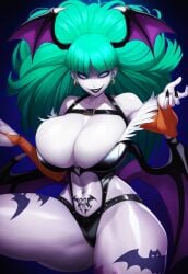 ai_generated claws cleavage corruption dark_persona darkstalkers elbow_gloves enemy_conversion female huge_ass huge_breasts leotard lips midriff morrigan_aensland navel pale-skinned_female pale_skin rock_of_succubus smile sports_shorts succubus succubus_tattoo tagme thedivergence1997 thick_thighs wide_hips