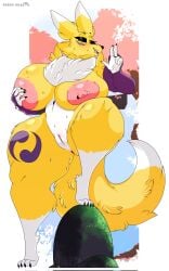 anthro areola armwear armwear_only bandai_namco big_breasts blue_eyes blush breasts bridal_gauntlets bridal_gauntlets_only clothing digimon digimon_(species) female genitals hi_res huge_breasts nipple_piercing nipples nude piercing princedragonsfw pussy renamon solo tail thick_thighs