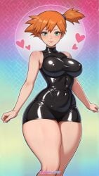 ai_generated ai_loverhoney asymmetrical_hair bangs bare_arms bare_shoulders black_dress blush breasts clenched_hands closed_mouth clothing covered_navel curvaceous dress eyelashes female female female_only green_eyes gym_leader heart hips huge_breasts impossible_clothes impossible_dress kasumi_(pokemon) kasumi_(pokemon) large_breasts latex legs lips looking_at_viewer navel orange_hair pokemon pokemon_(anime) pokemon_(classic_anime) pokemon_(game) pokemon_character pokemon_rgby pokemon_species ponytail shiny shiny_clothes shiny_skin short_dress short_hair side_ponytail skin_tight sleeveless sleeveless_dress smile solo standing thick_thighs thighs tied_hair tight tight_dress wide_hips