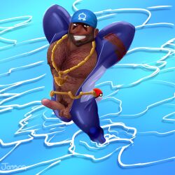 archie_(pokemon) balls bara beard body_hair bodysuit boner erection facial_hair hands_behind_head headkerchief jasson_bear16 male male_only muscles muscular nintendo penis penis_out pokemon solo solo_male team_aqua