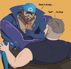 archie_(pokemon) balls bara beard bodysuit boner erection facial_hair gay geeminy98 handjob headkerchief male male_only muscles muscular nintendo penis pokemon professor_turo team_aqua text tongue_out