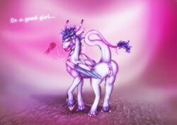 2016 abstract_background absurd_res anus ass blue_hair bondage bound bow clitoris disembodied_hand dragon drooling duo english_text equine female gag gagged hair hi_res horse itaris mammal petplay pink_theme ponyplay pussy roleplay saliva slave smaller_version_at_source solo_focus standing tears text tp_lynx