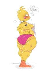 2022 animatronic animatronic_female ass big_ass breasts chica_(fnaf) chicken female female_focus female_only five_nights_at_freddy's furry green_eyes looking_at_viewer mhdrawin panties pink_panties scottgames sideboob text text_bubble thick_thighs thighs toy_chica_(fnaf) white_background wide_hips yellow_body