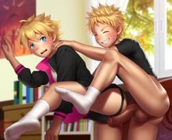 2boys ass balls barefoot big_penis blonde_hair blue_eyes boruto:_naruto_next_generations boy bulge bulge_through_clothing erect_penis erection family father_and_son feet homri incest leg_lift male male_focus male_only naruto naughty_face penis smile socks teenager testicles toes underwear uzumaki_boruto uzumaki_naruto yaoi young