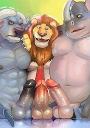 anthro balls bovine buffalo chief_bogo clothing disney erection feline furry group group_sex humanoid_penis iceman1984 leodore_lionheart lion male male_only mammal officer_mchorn penis rhinoceros sex threesome yaoi zootopia