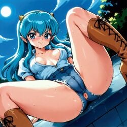 ai_generated anus blue_eyes blue_hair boots eyeshadow generated_by_nanek horns jean_shorts lum pointy_ears seaart.ai smile spread_legs unbuttoned_shirt urusei_yatsura