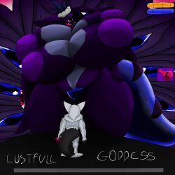 alex_(protogenqueen) big_breasts big_tail bigger_female boss_fight breasts female furry gameplay_mechanics health_bar inverted_nipples male potion potion_bottle protogen protogenqueen purple_fur pussy smaller_male standing tail