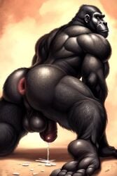 ai_generated anthro anus ape ass balls black_body black_fur bodily_fluids body_fur dark_body dark_fur feet foot_fetish foot_focus foreskin fur genital_fluids genitals glistening glistening_body glistening_genitalia gorilla haplorhine large_balls large_feet leaking_precum male male_only mammal muscular musk penis peyotecoyote precum presenting presenting_hindquarters primate saggy_balls solo solo_focus sweat sweaty_body thick_brow thick_penis thick_thighs wide_hips