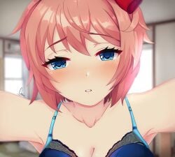 1girls blue_bra blue_eyes blush bra breasts cleavage doki_doki_literature_club onyxvoyd sayori_(doki_doki_literature_club)