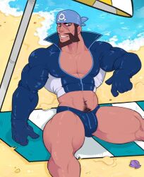 archie_(pokemon) balls bara beard bulge facial_hair flaccid headkerchief male male_only muscles muscular nintendo penis pokemon sitting solo solo_male soullspicious team_aqua