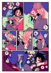 7_panel_comic angelbite_piercing anthro anthro_on_anthro anthro_penetrated anthro_penetrating anthro_penetrating_anthro ass balls beard black_highlights blue_body blue_fur blue_hair bodily_fluids canid canine canis closed_eyes cum cum_in_mouth cum_inside cunnilingus cyberbite_piercing domestic_dog dripping drooling ear_piercing erection facial_hair facial_piercing fangs fellatio female female_penetrated fur gauged_ear genital_fluids genitals gin_(sparkibarki) green_body green_fur green_sclera group group_sex hair half-closed_eyes heart_symbol hi_res highlights_(coloring) humanoid_genitalia humanoid_penis humanoid_pussy hyena lip_piercing looking_pleasured male male/female male/male male_penetrating male_penetrating_female mammal narrowed_eyes open_mouth open_smile oral oral_penetration orange_body orange_fur orange_sclera orson_(sparkibarki) pawpads paws penetration penile penile_penetration penis penis_in_pussy piercing pink_pawpads pink_sclera purple_body purple_fur pussy saliva saliva_drip saliva_string sex smile snakebite_piercing sparkibarki stud_piercing teeth threesome tongue tongue_out trio vaginal_penetration white_body white_fur white_hair