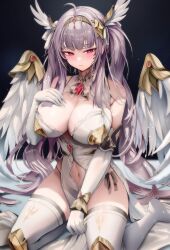 angel angel_wings blush cleavage gloves highres large_breasts long_hair navel original panties purple_hair red_eyes sitting solo thighhighs white_wings wings zerocat