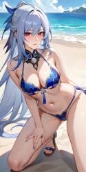 ai_generated ass bare_legs bare_shoulders bare_thighs beach belly_button bikini blue_bikini blue_hair blush breasts cameltoe collar commentary_request female female_focus female_only hair hair_between_eyes hair_ribbon hand_on_thigh honkai:_star_rail honkai_(series) hoyoverse jingliu_(honkai:_star_rail) kneeling lia_the_busty_redhead light_blue_hair long_hair looking_at_viewer medium_breasts micro_bikini pussy red_eyes sand sandals seductive seductive_look self_upload shoes slight_smile solo solo_female solo_focus spread_legs tagme thighs tied_hair water