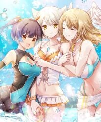 3girls animal_ears arm_hug big_breasts blue_eyes breast_tattoo brown_hair cat_ears chest_jewel core_crystal covered_navel eunie_(xenoblade) feathered_wings fiery_hair glowing_lines grey_hair head_wings high_res holding_hands looking_at_viewer medium_breasts medium_hair mio_(xenoblade) multiple_girls navel official_alternate_costume pointy_chin sena_(xenoblade) short_hair side_ponytail smile stomach swimsuit tattoo thigh_gap ui_frara wings xenoblade_(series) xenoblade_chronicles_3