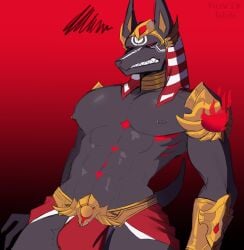 anubis anubis_reaper anus balls bara bulge gay hi_res male_only muscular muscular_male overwatch overwatch_2 pecs reaper red_eyes ruvikneedsheals simple_background solo_male