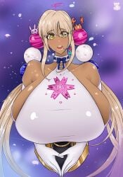 blonde_hair breasts dark_skin female gigantic_breasts hololive hololive_english long_hair looking_at_viewer open_mouth smug_ghost solo space tsukumo_sana virtual_youtuber waist_up yellow_eyes