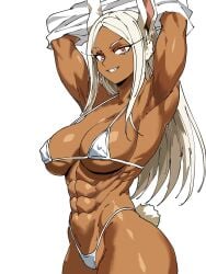 abs animal_ears armpits arms_up bikini boku_no_hero_academia breasts captain_tai cleavage covered_nipples dark-skinned_female dark_skin english_commentary female highres large_breasts long_eyelashes long_hair looking_at_viewer micro_bikini miruko muscular muscular_female my_hero_academia navel obliques parted_bangs rabbit_ears rabbit_girl rabbit_tail red_eyes rumi_usagiyama shirt simple_background smile solo stomach swimsuit tail undressing white_background white_bikini white_hair white_shirt