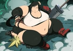 bbw belly black_hair blonde_hair breasts brown_eyes cloud_strife final_fantasy_vii jeetdoh morbidly_obese one_eye_closed squash ssbbw thighs tifa_lockhart