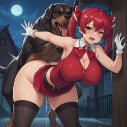 1boy 1girls ai_generated big_breasts blush breasts canine doggy_style female gloves hair_ribbon heterochromia hololive hololive_japan houshou_marine jacket large_breasts leotard long_hair male open_mouth red_ascot red_eyes red_hair red_jacket red_ribbon red_skirt ribbon sex skirt teeth thighs twintails upper_teeth_only virtual_youtuber white_gloves yellow_eyes zoophilia