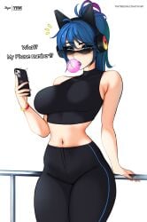 1girls big_breasts blue_eyes blue_hair bubble_gum clothed female fortnite fortnite:_battle_royale glasses heroic_hope_(fortnite) hope_(fortnite) looking_at_viewer looking_over_eyewear looking_over_sunglasses myst pants phone solo sunglasses thick_thighs tinted_eyewear yhw