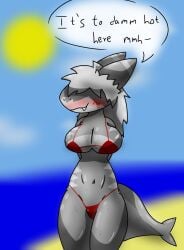 anthro beach big_breasts blush bodily_fluids breasts clothing female fish hi_res marine pamper pose prothowo requiem_shark shark solo speech_bubble sweat swimwear tiger_shark wet