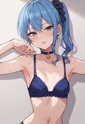 ai_generated armpits blue_bra blush choker hololive hololive_japan hoshimachi_suisei lilianaa small_breasts sweat virtual_youtuber