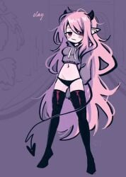 2020s 2024 2_horns belly_button black_horns black_panties black_thigh_highs black_thigh_socks black_thighhighs demon_tail devil_tail dress_to_impress hands_behind_back hoodie horns horns_girl lilac_clothing megrocks midriff navel pale-skin pale-skinned_female pale_skin pale_skinned_female pink_hair pink_skin pointy_ears purple_background purple_clothes purple_clothing purple_eyes purple_hoodie roblox