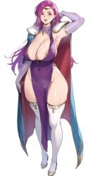 1girls ai_generated areola_slip areolae arm_behind_head armpits bare_thighs beauty_mark boots breasts brunnya_(fire_emblem) cape cleavage covered_navel covered_nipples curvy dress earrings elbow_gloves female female_only fire_emblem fire_emblem:_the_binding_blade full_body gloves high_heels hourglass_figure huge_breasts lips long_hair looking_at_viewer mature mature_female mole mole_on_armpit mole_on_breast mole_on_crotch mole_on_thigh musk nanabe_78 nintendo no_bra no_panties pelvic_curtain purple_eyes purple_hair red_lips red_lipstick shoulder_pads side_slit sideboob skindentation solo standing steaming_body steamy_armpits sweat sweaty thick_thighs thigh_boots thighs very_long_hair voluptuous white_background wide_hips