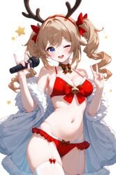 ;d absurd_res ai_generated antlers ass_visible_through bag bangs barbara_(genshin_impact) bare_shoulders bell bikini blonde_hair blue_eyes blush bow bowtie breasts christmas cleavage coat cowboy_shot detached_collar drill_hair fake_antlers female fur_trim garter_belt garter_straps genshin_impact hair_ornament hairband hand_up hands_up holding holding_microphone looking_at_viewer medium_breasts microphone ministro navel neck_bell off_shoulder one_eye_closed open_clothes open_mouth red_bikini red_bow reindeer_antlers santa_bikini side-tie_bikini_bottom sidelocks smile solo standing stomach string_bikini swimsuit teeth thigh_gap thighhighs thighs twin_drills twintails upper_teeth_only v white