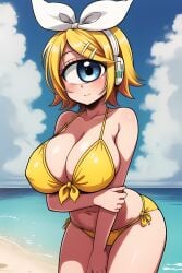 ai_generated beach bikini blonde_hair cyclops female hairpin huge_breasts kagamine_rin ocean short_hair vocaloid white_bow white_hair_bow yellow_bikini