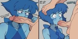 1boy 1girls ai_generated alien alien_girl balls blue_hair blue_skin breasts comic confused deepthroat english_text female forced_oral gem_(species) hair hand_on_head head_push humanoid humanoid_penis lapis_lazuli_(steven_universe) large_penis male oral out_of_frame_male penis penis_awe polaryotta standing steven_universe