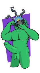 2024 absurd_res demmydemz_(artist) erection janitor_thresh large_balls large_penis league_of_legends male_only muscles muscular_male plain_background riot_games selfie the_grind_series thresh