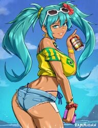 1girls accessory ass bare_arms bare_midriff bare_thighs blue_background blue_panties bra brazil brazilian brazilian_female brazilian_miku breasts can cleavage dark-skinned_female dark_skin drink earrings female female_only green_eyes green_hair hatsune_miku holding holding_can hourglass_figure large_breasts long_hair looking_at_viewer midriff necklace panties rammionn short_shorts short_sleeves shorts smile soccer_uniform solo standing sunglasses sunglasses_on_head tank_top tanline thick_thighs thighs thong twintails underwear vocaloid wide_hips