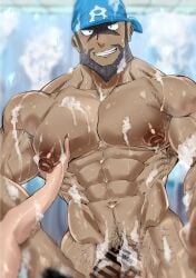 archie_(pokemon) balls bara beard censor_bar censored censored_genitalia censored_penis facial_hair flaccid gay headkerchief male male_only muscles muscular nintendo nude penis pokemon sgmwbsk8 soap team_aqua wet