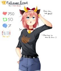 1girls bell bell_collar belt blue_eyes bow collar collar_bell comment_icon cow_bell cow_bell_collar doki_doki_literature_club english_text hair_bow hairbow heart_icon onyxvoyd red_bow red_hair_bow red_hairbow retweet_icon sayori_(doki_doki_literature_club) shirt shorts strawberry_blonde_hair strip_game text